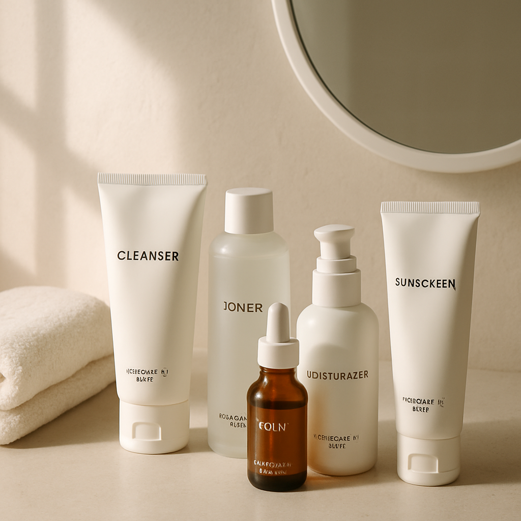 Minimalistic morning skincare routine with fragrance-free cleanser, toner, serum, moisturizer, and sunscreen arranged on a white surface under soft natural light
